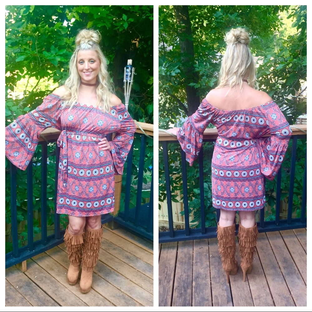 Belted cold shoulder ruffle sleeve dress